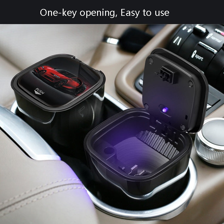 Car ashtray in cup holder with lid open and closed, interior tray visible