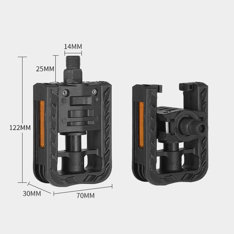 Black folding bicycle pedal with dimension outline and axle view, side comparison