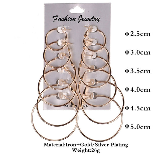 Steampunk circle hoop earring set with assorted ring sizes, gold and silver plating