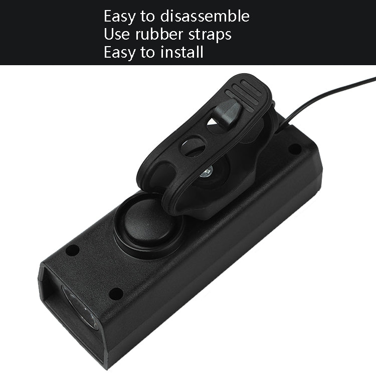 Black bicycle speaker and lamp with rubber strap mounting bracket