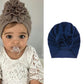 Baby turban hat with fabric rosette flower, navy blue color, one size