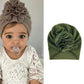Baby turban hat with fabric rosette flower, olive green color, one size