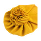 Mustard yellow baby turban hat with large ruffled flower detail, one size