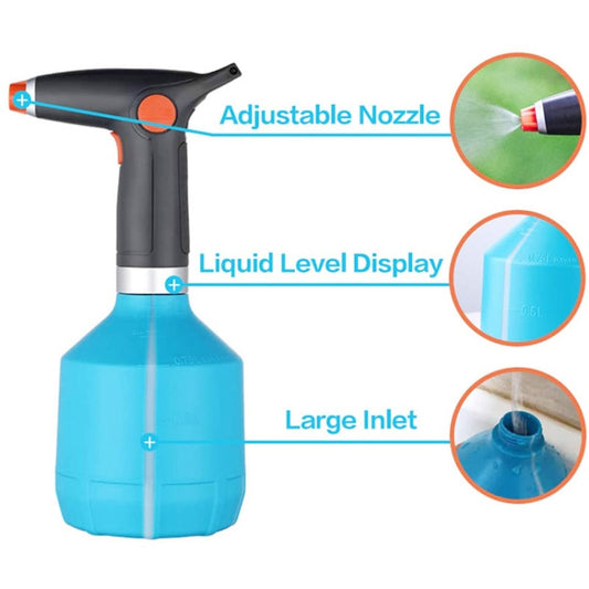 Blue electric sprayer bottle with adjustable nozzle, liquid level indicator, and large inlet