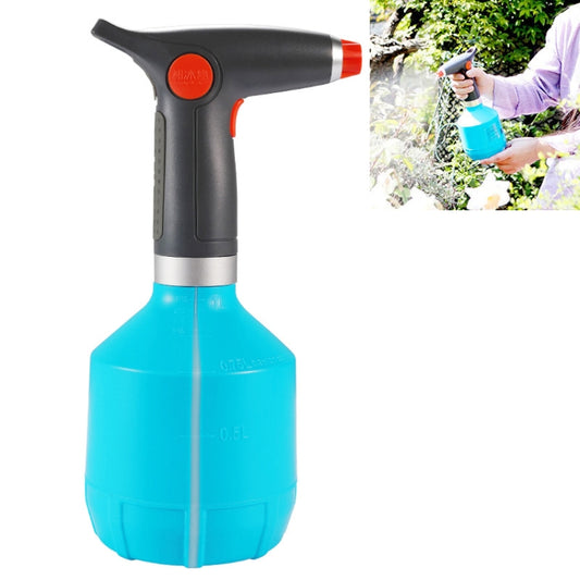 Blue electric disinfectant sprayer bottle with black handle and orange button