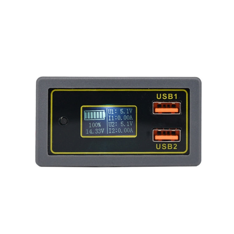 Dual USB car voltage display module with LCD reading and two orange USB ports (USB1/USB2)