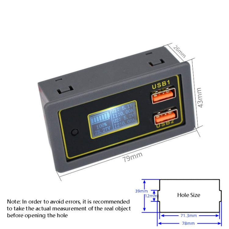 Compact car dual-USB voltage display module with LCD screen and USB1/USB2 ports