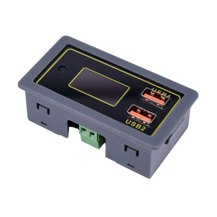 Dual USB voltage display module with LCD screen, two orange USB ports, and green terminal