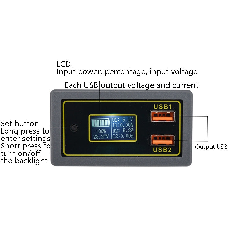 Dual USB voltage display module with LCD, set button, and two USB output ports
