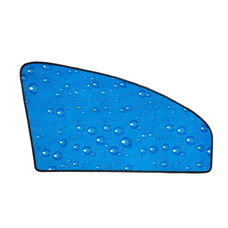 Blue car side window sunshade panel with water droplets and rounded rectangular shape.