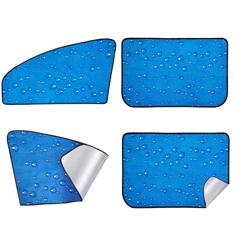 Pair of blue car window sunshades with water-drop pattern and reflective corner sections.