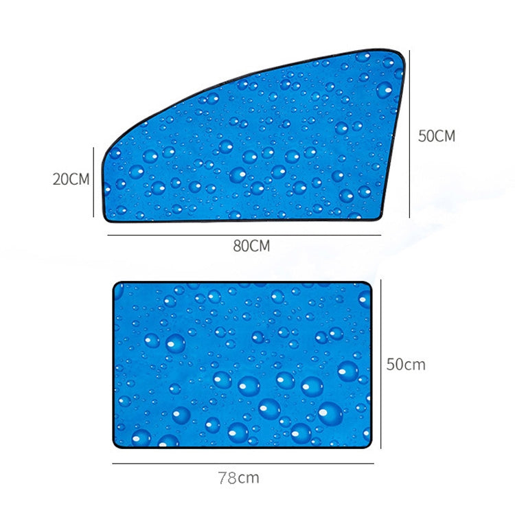 Blue car window sunshade panel with water droplets, curved corners and black trim.