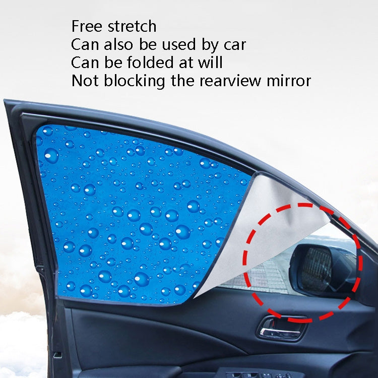 Blue magnetic car window sunshade installed on door glass, water-drop pattern.