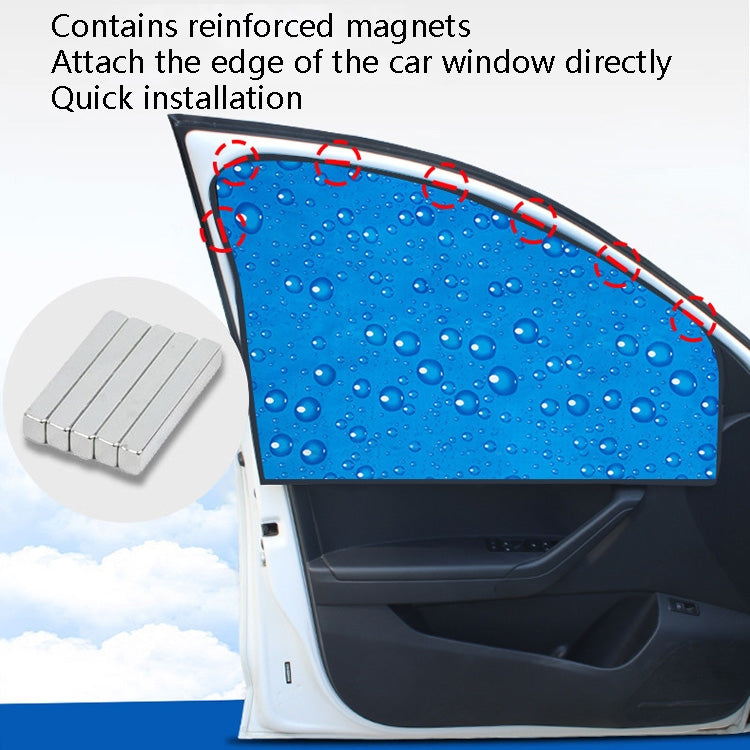 Blue magnetic car window sunshade with reinforced magnet points along top edge.