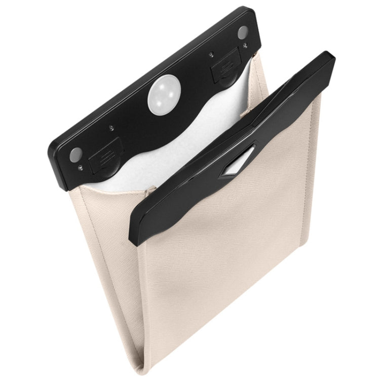 Beige hanging car trash storage bag with LED light and molded side handle
