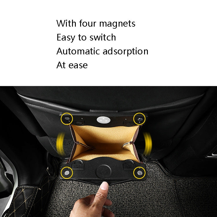 Car trash storage bag with four magnets for easy attachment to car interior