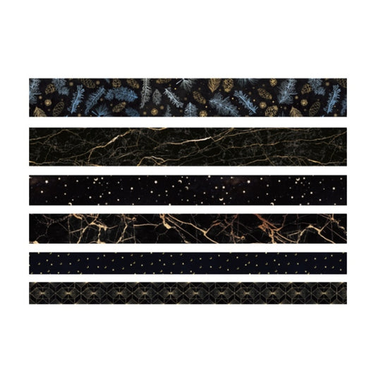 Dark decorative tape strips with gold starburst and geometric texture, narrow rolls