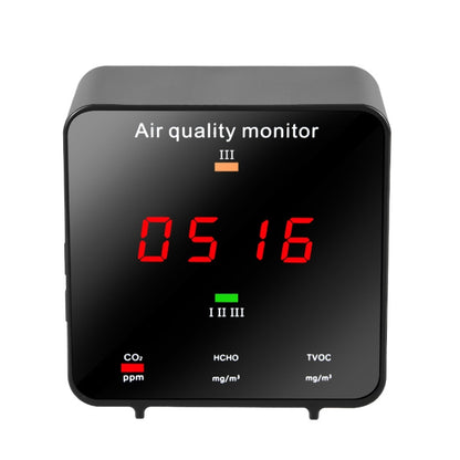 Portable air quality monitor front display with red CO2/HCHO/TVOC readings and level bars