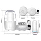 White faucet water purifier with dual spray heads and faucet converter, size diagram