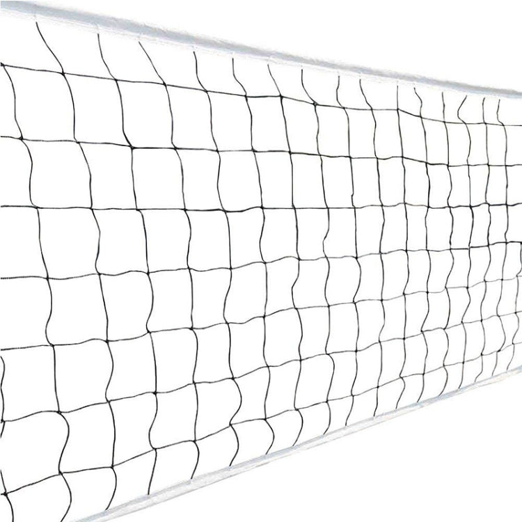 Beach volleyball net with square mesh, white frame, knotted rope edges