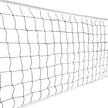 Beach volleyball net with square mesh, white frame, knotted rope edges