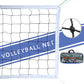 Beach volleyball net with blue stripe, corner tie knots, white border