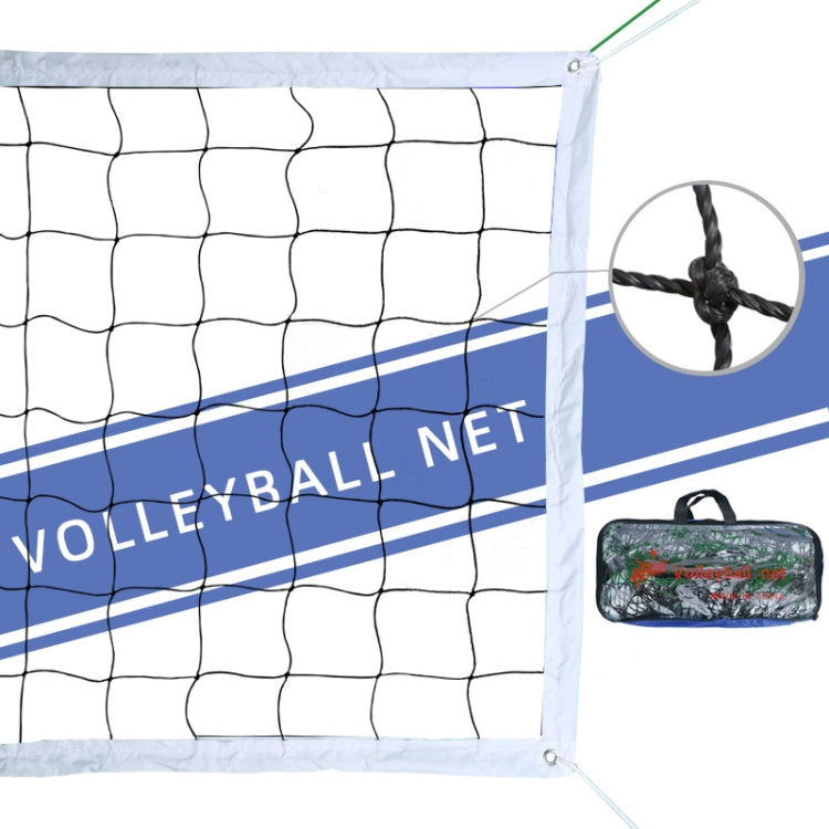 Beach volleyball net with blue stripe, corner tie knots, white border