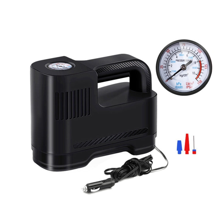 Portable electric car air pump with pressure gauge and power cord, black
