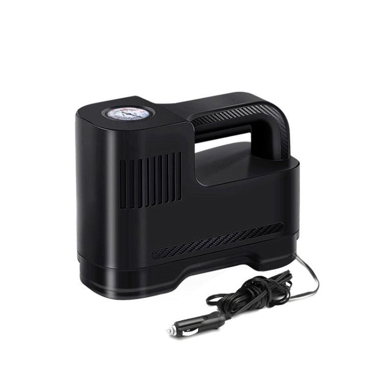 Portable electric car air pump, compact black housing with handle and power cord