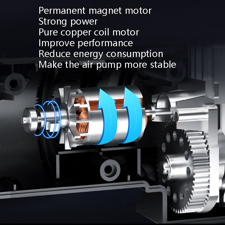 Internal motor view of electric car air pump with airflow arrow design, metal components