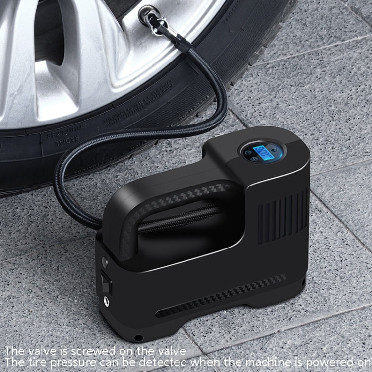 Portable electric car air pump with connected hose and blue display, black