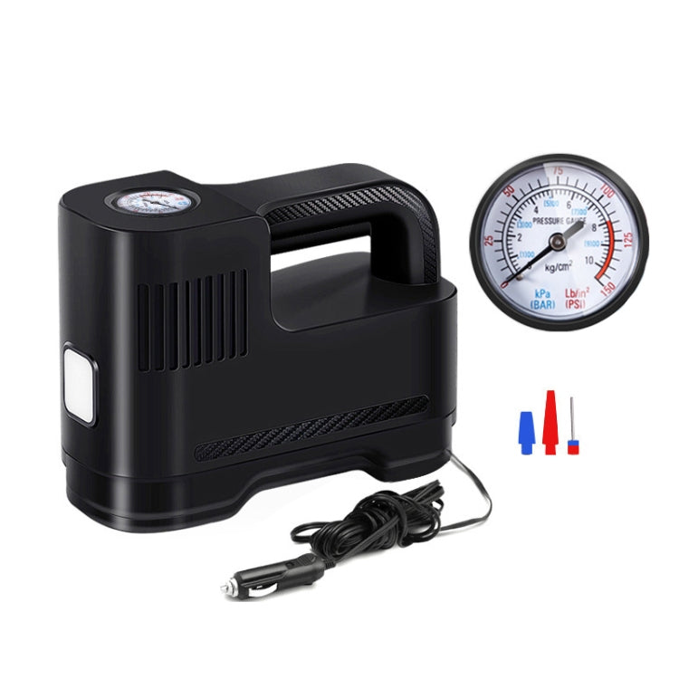 Portable electric car air pump with pressure gauge, black body and attached power cord