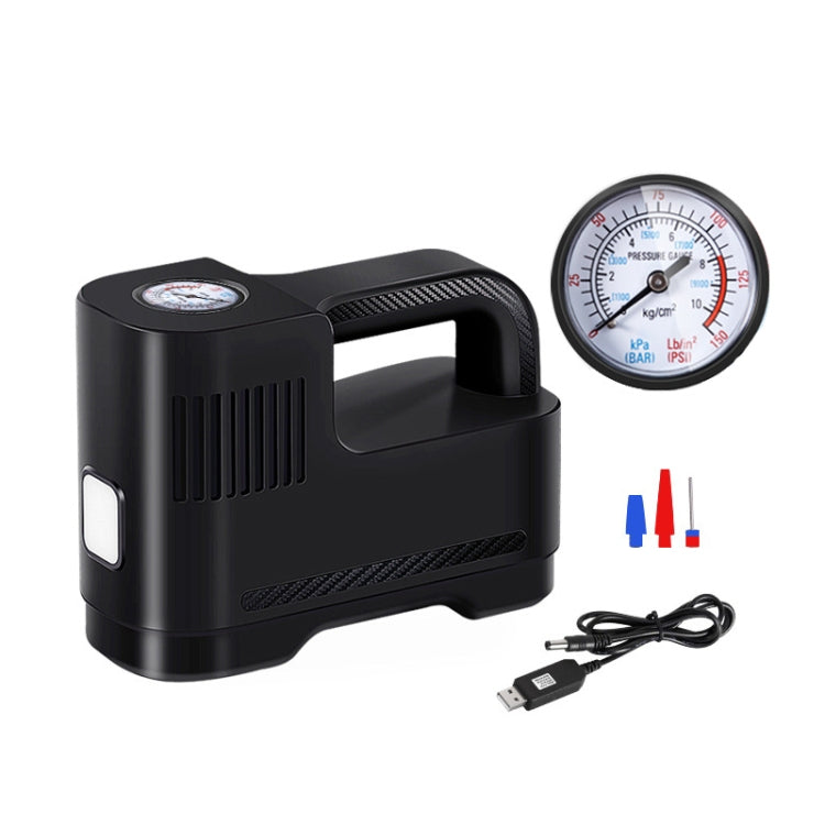 Portable electric car air pump with pressure gauge, black body and USB power cable