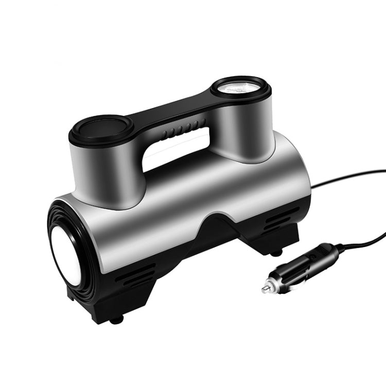 Portable car tire inflator pump in silver and black, with dual top lights and hose