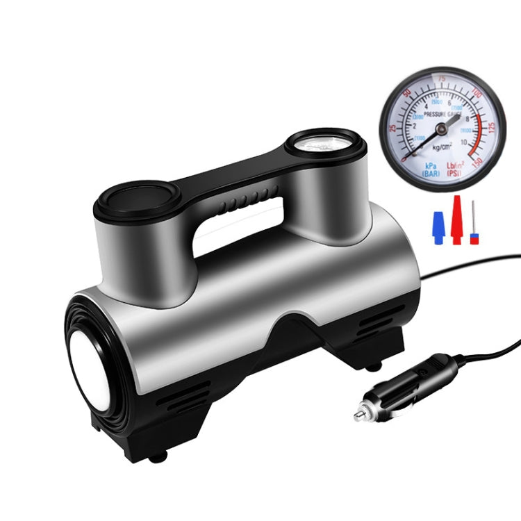 Portable car tire inflator pump with round analog pressure gauge and hose, silver and black