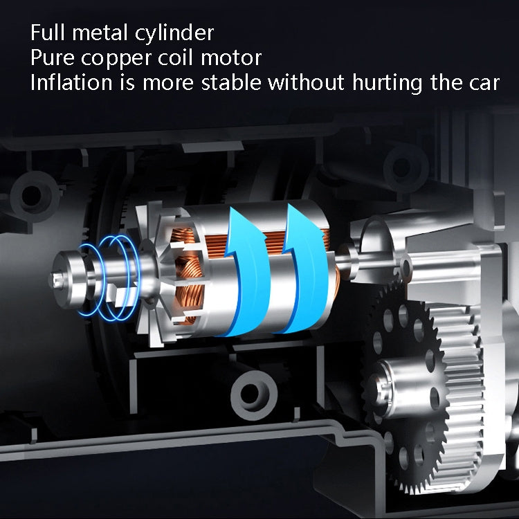 Car tire inflator pump internal view with metal cylinder and motor components