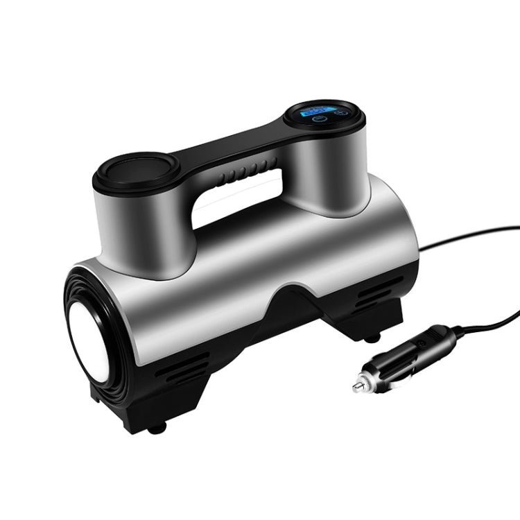 Portable car tire inflator pump, silver and black, with dual top lamps and connected hose