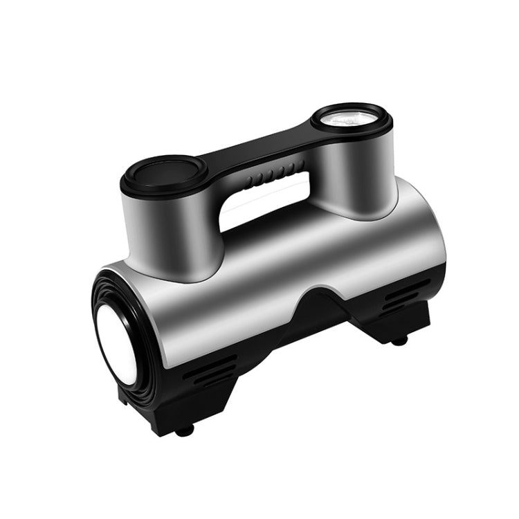 Portable car tire inflator pump in silver with black grip and hose, compact design