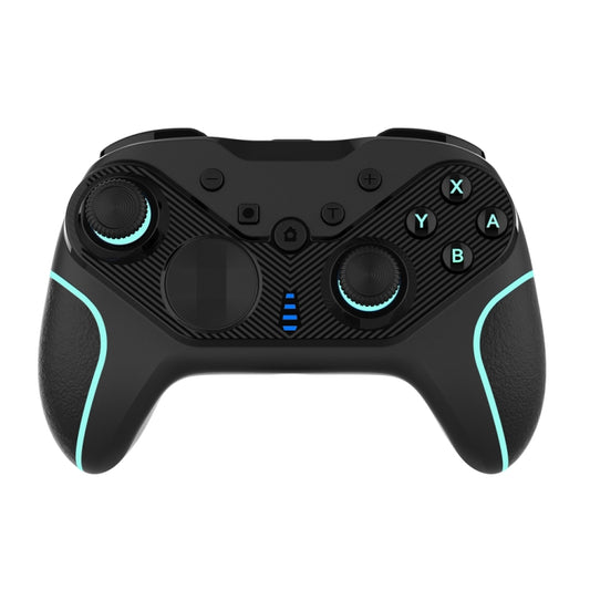 Black wireless gamepad with blue accents, dual thumbsticks, D-pad, and face buttons