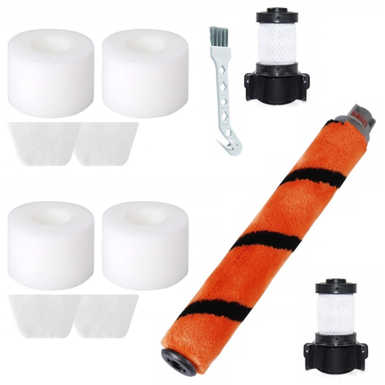 Handheld vacuum brush kit with orange roller brush, small bristle tool, and filters