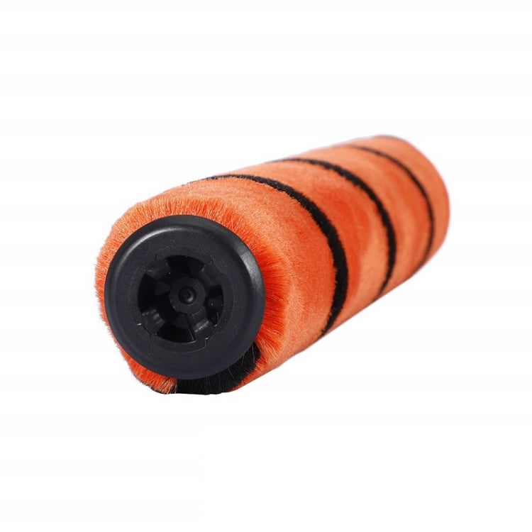 Orange foam roller brush with black-striped bristles and black wheel end