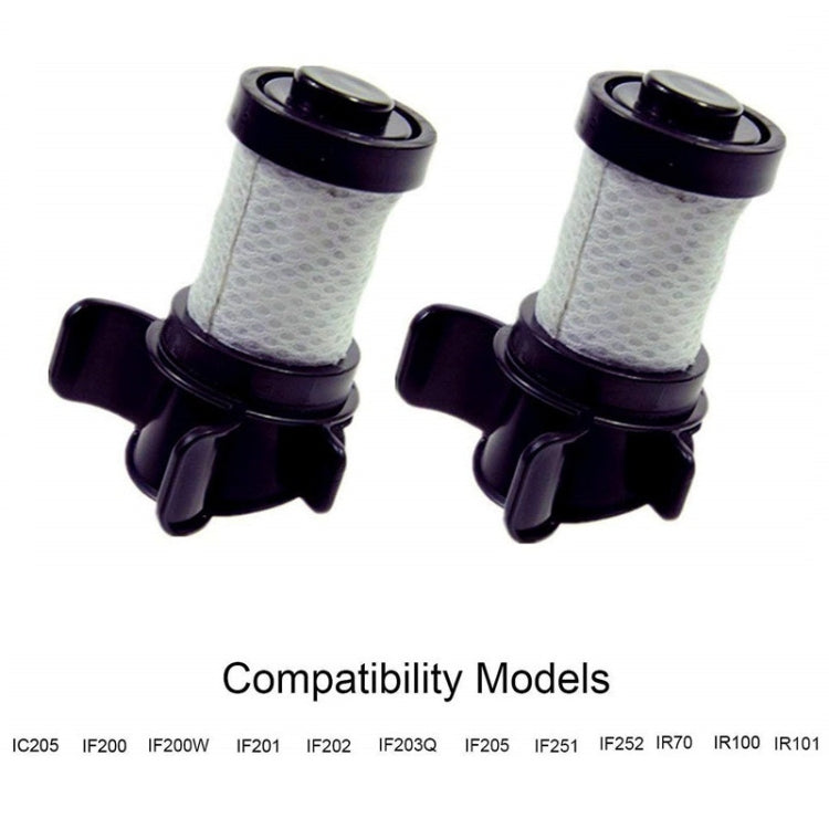 Two white filter cartridges with black clips for handheld vacuum replacement