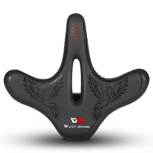 Black bicycle saddle with center cutout, eagle pattern, and red vent dots.