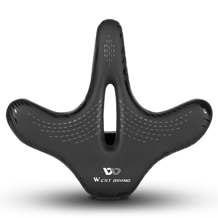 Black bicycle saddle with center cutout, engraved lines, and West Biking logo.