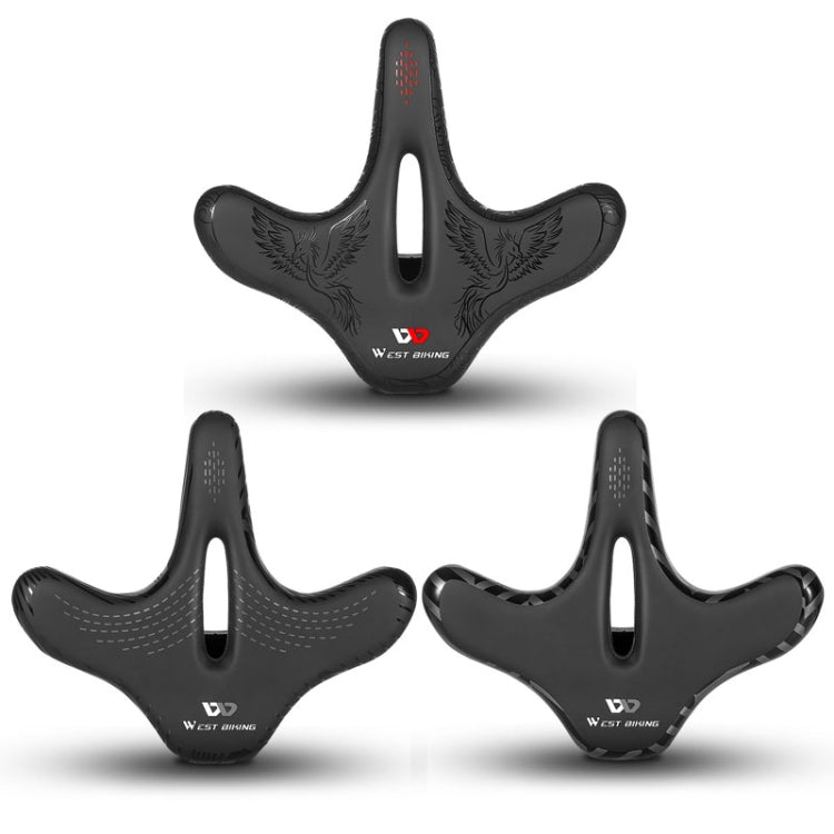 Set of three black bicycle saddles with center cutout, eagle pattern, and red vent dots.