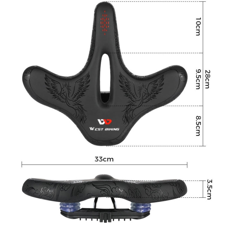 Black bicycle saddle with center cutout, eagle pattern, and size dimensions shown.