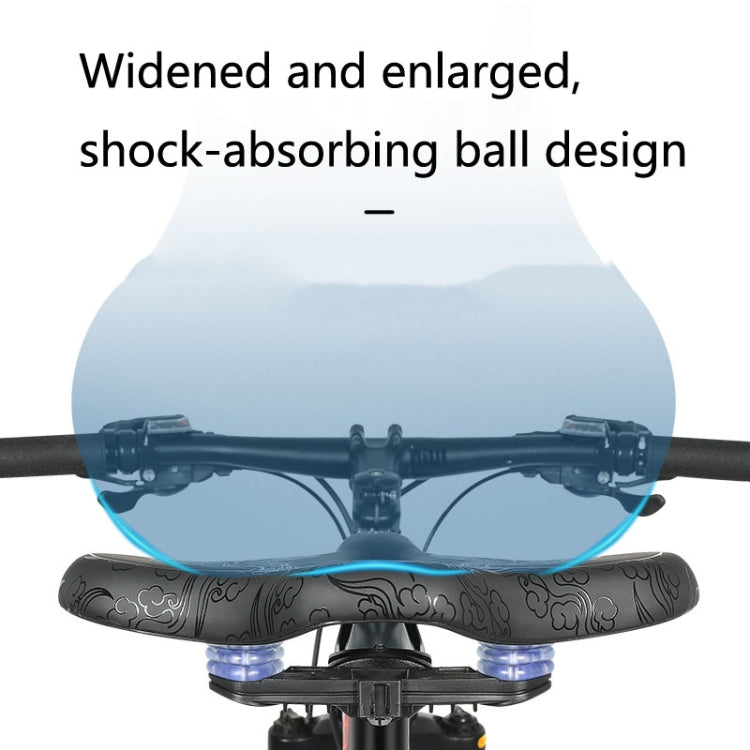 Black bicycle saddle on shock-absorbing ball mount with blue spring dampeners.