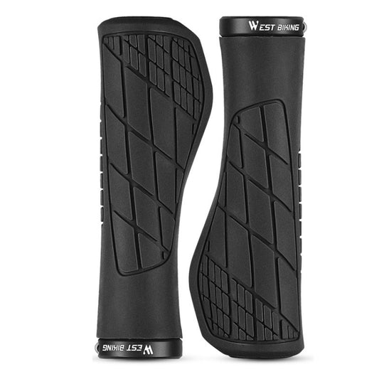Black non-slip rubber bicycle grips, pair, textured pattern for mountain bike handlebars