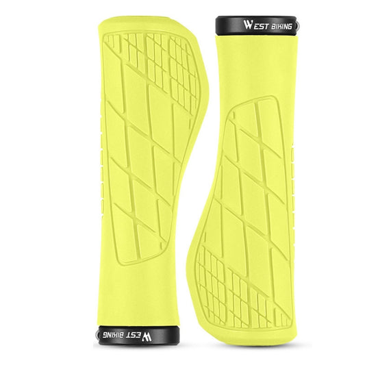 Yellow non-slip rubber bicycle grips, pair, textured pattern for mountain bike handlebars