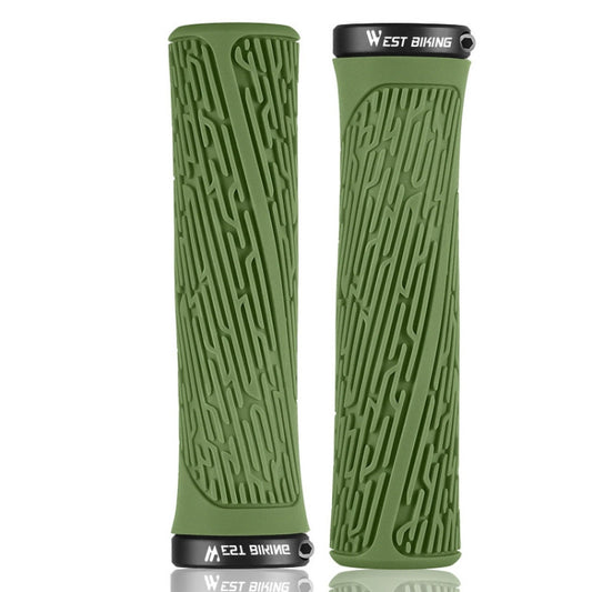 Pair of grass green anti-slip bicycle grip handlebar covers with textured pattern and end caps